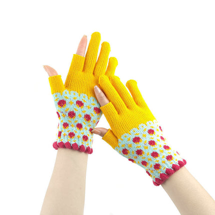 Women's autumn and winter warm touch screen exposed two-finger student writing adult office wool knitted half-finger gloves for men