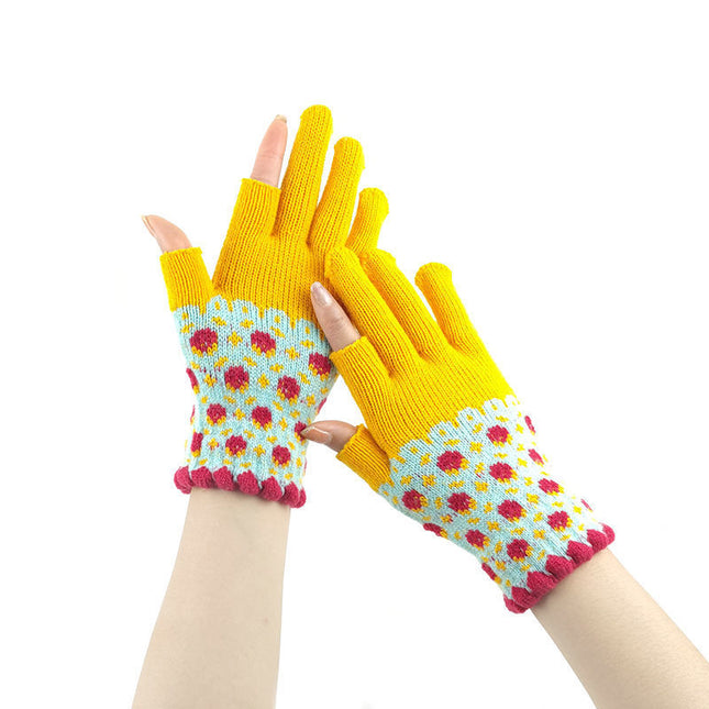 Women's autumn and winter warm touch screen exposed two-finger student writing adult office wool knitted half-finger gloves for men