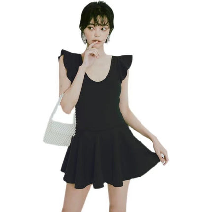 Manufacturers sell new hot spring swimwear sexy beautiful back belly cover slim black queen fan one-piece skirt swimsuit women
