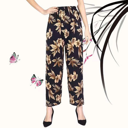Foreign Trade Plus Size Middle-aged and Elderly Summer Thin Breathable Nine-point Flower Pants Mom Pants Ice Silk Loose Straight Pants