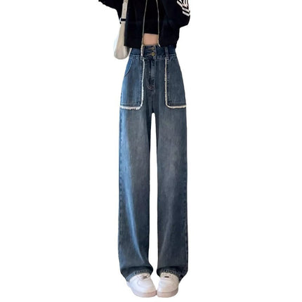 Vintage Fur-Edge Wide-Leg Jeans Women's Fashion All-Match High-Waist Slimming plus size Loose Meat-Covering Straight Long Pants
