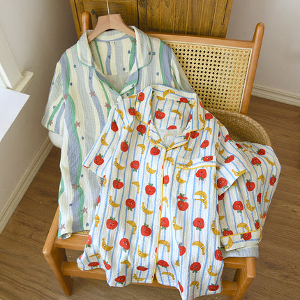 Summer Pure Cotton Crepe Lapel Short-Sleeved Shorts Pajamas Two-Piece Set for Women Apple Banana Loose Thin Home Clothes