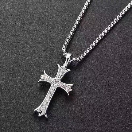 Titanium Steel Cross Necklace with Diamonds, Unisex European and American Cross-Border Jewelry, Hip-Hop High-End Accessories, Sweater Chain, Hoodie Chain