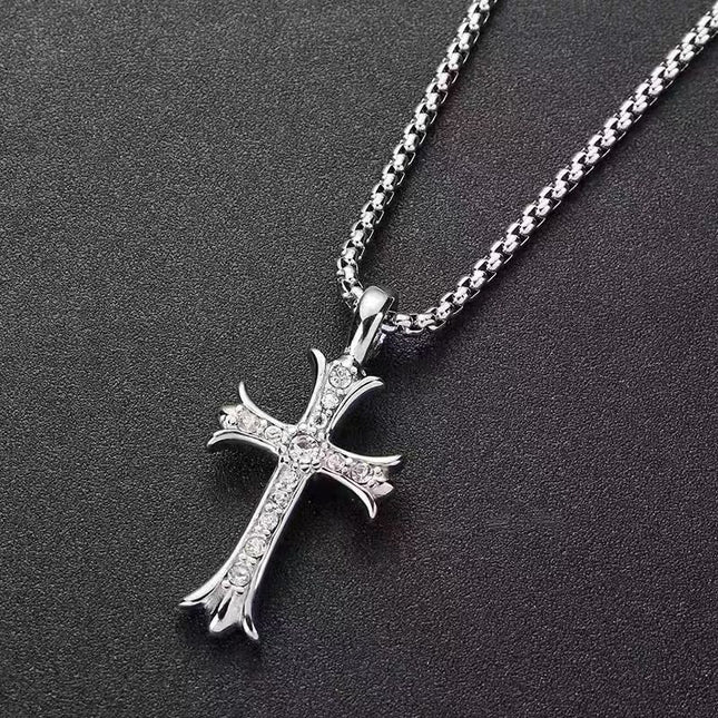Titanium Steel Cross Necklace with Diamonds, Unisex European and American Cross-Border Jewelry, Hip-Hop High-End Accessories, Sweater Chain, Hoodie Chain