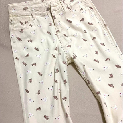 American Retro Bear Print Sweet Jeans for Women, Niche Versatile High-Waisted Floral Slimming Wide-Leg Pants, Fashionable