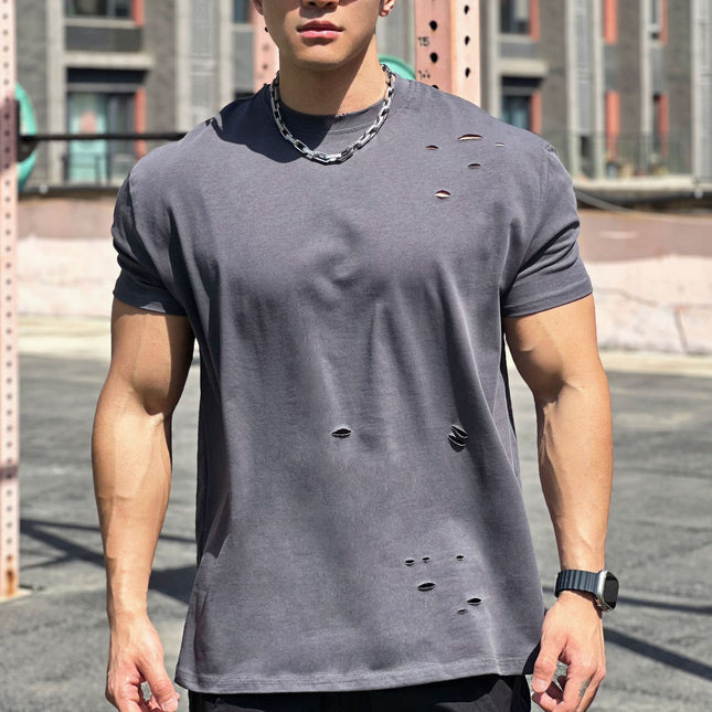 Muscle Sports Loose Cotton Fitness Short-sleeved Men's Basketball Autumn Running Training Sports T-shirt Rough Crewneck