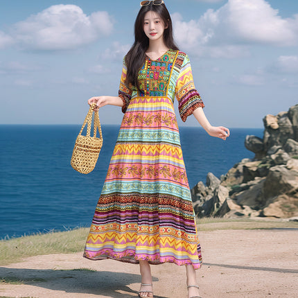 Amazon Cotton Silk Beach Dress Ethnic Style Large Swing Dress V-Neck Mid-Sleeve Dress Embroidered Vintage Floral Long Dress