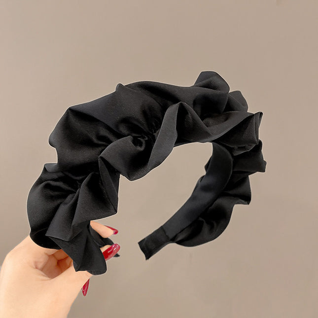 Korean-Style Wide-Brimmed Pleated Headband, Song Ji-A's Same Model, Vintage French Black Satin Hairband, Outdoor Hair Accessory, Pastoral Style