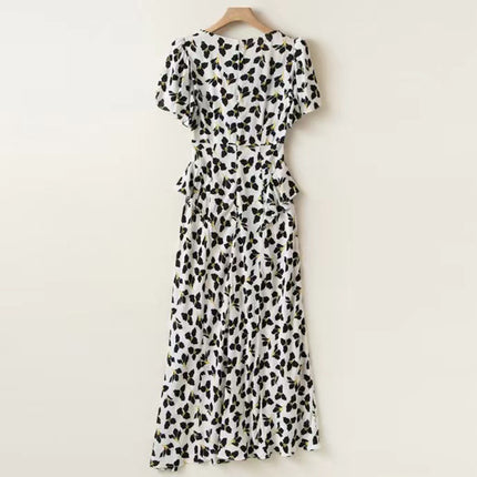 D@F Summer Floral Short-Sleeve Silhouette Fashion Slim-Fit Slit Tea Break Dress Long Skirt Artistic Retro Waist-Cinching Style