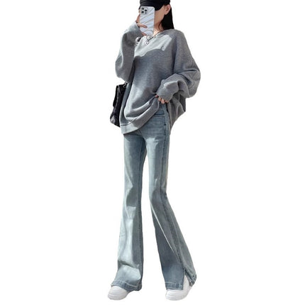 Retro Blue Split Horn Jeans Women's Trendy All-match New Explosive Slim-fit High Waist Micro Horseshoe Long Pants
