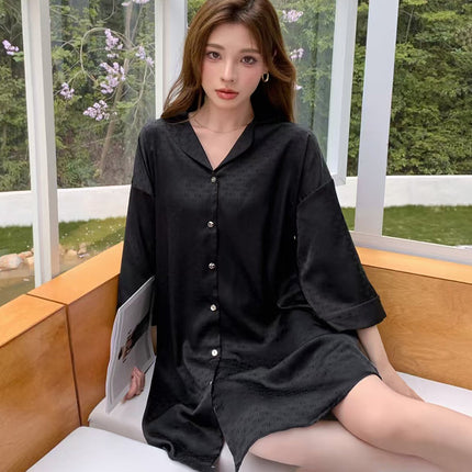 Summer New Style Ice Silk Nightgown for Women, High-End Jacquard Loose Shirt Dress, Long Pure Desire Internet Celebrity Loungewear