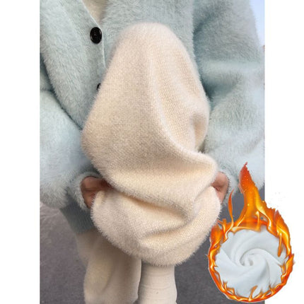 Blue Knitted Wide-Leg Pants for Women, Spring and Autumn 2025 New Style, High-Waisted Casual Straight Narrow Version, Mink Fur Fleece-Lined Glutinous Rice Pants