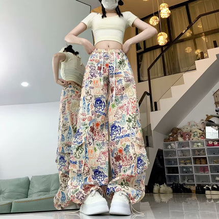 American Graffiti Print Casual Pants Autumn New Design High-Waisted Fashion Workwear Drape Floor-Length Pants for Women