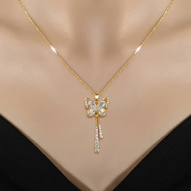 [Titanium Steel] Tassel Butterfly Light Luxury Fashion Simple Hollow Exquisite Necklace Women's All-match Collarbone Chain Pendant