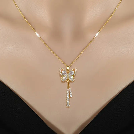 [Titanium Steel] Tassel Butterfly Light Luxury Fashion Simple Hollow Exquisite Necklace Women's All-match Collarbone Chain Pendant