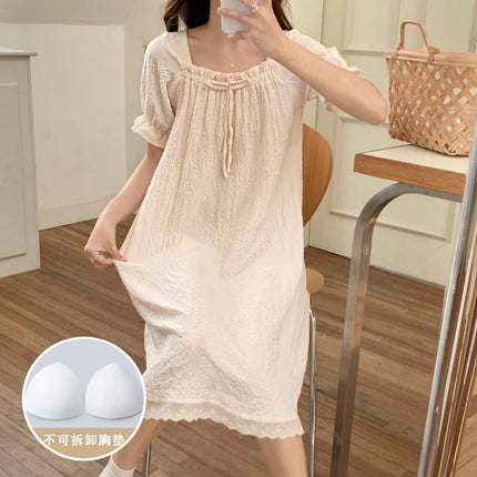 2024 Summer New Style Pajamas with Chest Pad Women's Bubble Cotton Short-Sleeved Nightgown Home Wear Sweet and Cute Outer Wear