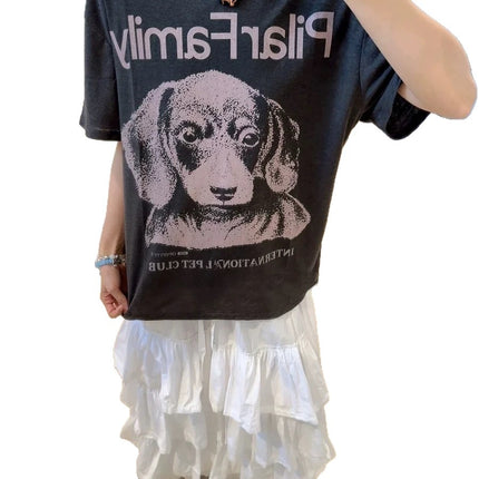 Spot Korean Niche 25 Summer New Style American Retro Lazy Style Loose Dog Print Round Neck Short-Sleeved T-Shirt