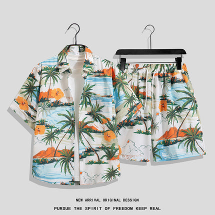 Men's Ins Summer Loose Short-Sleeved Shorts Suit Trendy and Handsome Beach Floral Couple Clothes Hawaiian Style Shirt