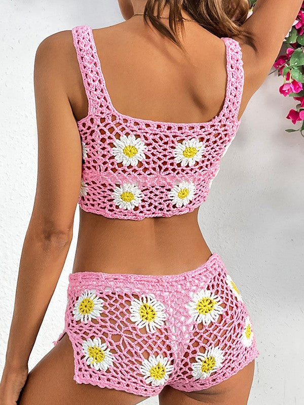 Summer New Bikini Set Daisy Swimsuit Camisole Shorts Set Hand Hook Vest + Shorts Two-Piece Set
