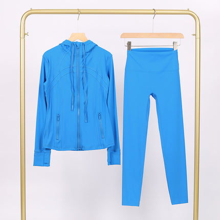Lulu Df Stamped Hooded Jacket and Cropped Pants Set, Tight-Fitting Stretch Jacket with Gold Zipper, Fitness Yoga Outfit
