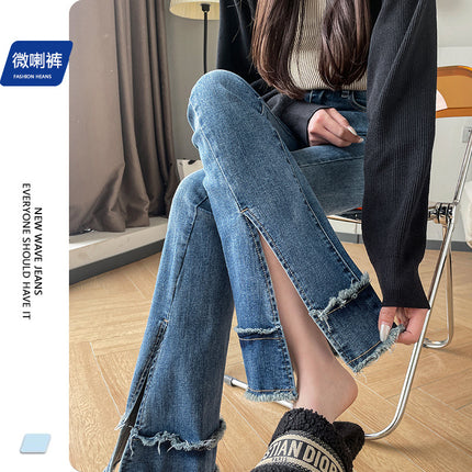 Rough Slit Micro-flared Jeans Women's Early Spring 2023 New High Waist Slim-fit Horseshoe Mop Pants for Women