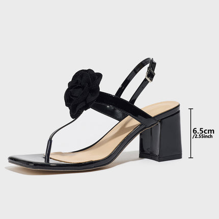 Factory Direct Sales Export Women's High-Heeled Black Rose Toe-Clip Square-Toe Chunky Heel Mirror Fabric Sandals 2025 New Model