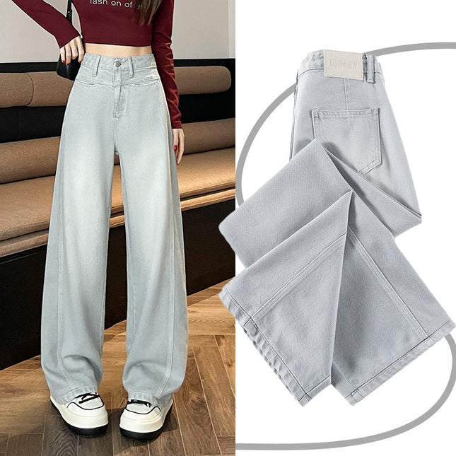 High-End Gray Straight-Leg Jeans for Women, 2026 New Style, High-Waisted, Slimming, Loose Fit, Trendy Design, Wide-Leg Pants