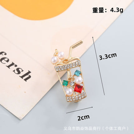 Sparkling Diamond Pearl Juice Drink Milk Tea Cup Brooch Personalized Creative Design Brooch Accessible Luxury Jacket Coat Accessories