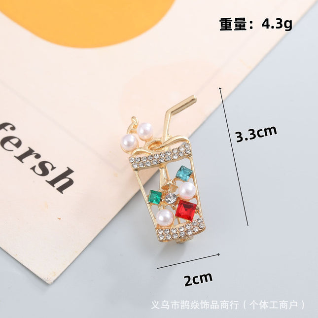 Sparkling Diamond Pearl Juice Drink Milk Tea Cup Brooch Personalized Creative Design Brooch Accessible Luxury Jacket Coat Accessories