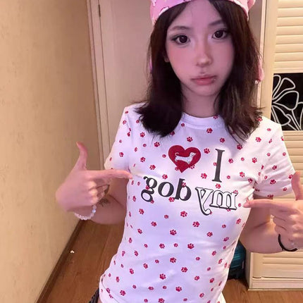 American Style Love Dog Claw Full Print Short Sleeve Shoulder T-shirt Women's Summer Design Hot Girl Slim-fit Slim-fit Short Top