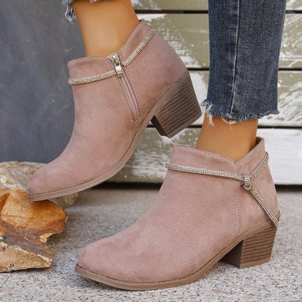 Rhinestone Strap Short Boots Autumn and Winter Fashion Casual Women's Ankle Boots Side Zipper Solid Color Round Toe Chunky Heel Women's Boots