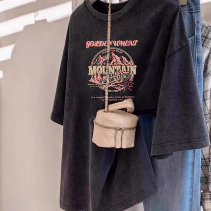 Pure Cotton Washed Distressed Short-Sleeved T-Shirt for Women Summer Large Size Loose European and Korean Couple Design Half-Sleeved Top Trendy Ins