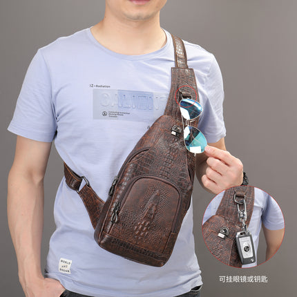 Genuine Leather Men's Chest Bag Men's Cowhide Men's Bag Shoulder Casual Crossbody Bag Crocodile Pattern Chest Bag Small Backpack Bag for Men