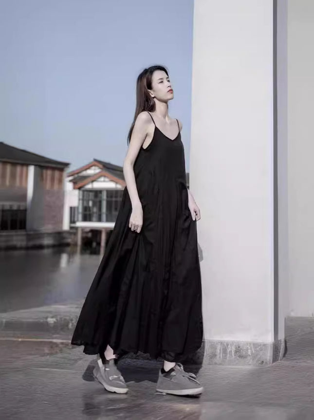 25 Summer Self-Made Long Cotton Dress with Large Hem and Double-Layered Leaf-Patterned Splicing, Two-Color Pure Cotton Strap Dress