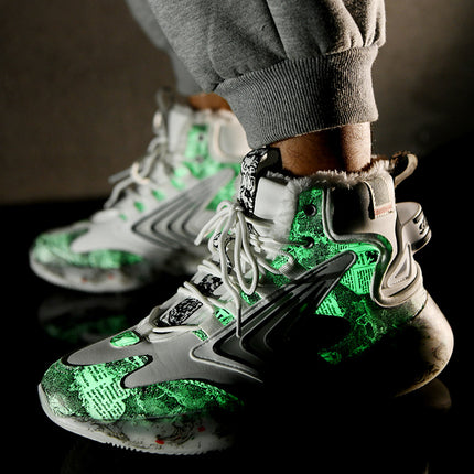 sneakers cross-border plus size graffiti luminous student sneaker northeast trend fleece-lined thick high-top large cotton shoes