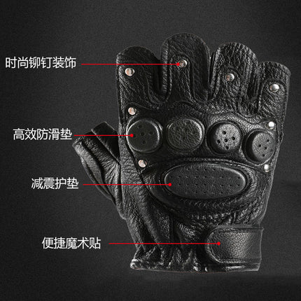 Goatskin Half-Finger Gloves, Genuine Leather Motorcycle Gloves, Outdoor Riding Gloves, Non-Slip, Protective, Breathable, and Wear-Resistant