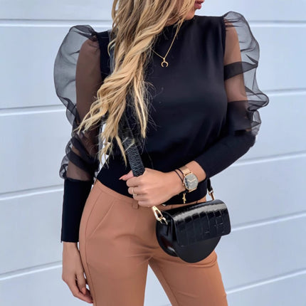 European and American Amazon Mesh Puff Sleeve Patchwork Top Amazon Autumn and Winter Long-Sleeved Women's T-Shirt Manufacturer Wholesale