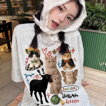 Gray Short-Sleeved T-Shirt for Women 2026 New Pure Cotton Half-Sleeve Summer American High Street Lazy Style Loose Versatile Top