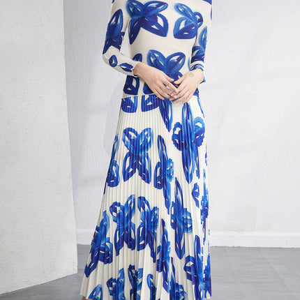 European High-End Printed Pleated Skirt Two-Piece Set Autumn New Miyake Fashion Pleated Suit for Women