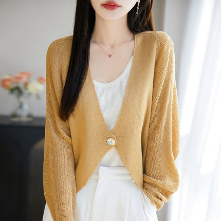Sun Protection Cardigan Lyocell Linen V Neck Cut Out Bat Sleeves with One Button Knitted Jacket Women's Air-Conditioned Blouse