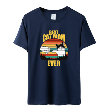 Amazon Summer Best Cat Mom even Mother's Day Fist Cat Letter Printed Casual Short-sleeved T-shirt Women