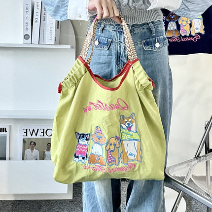 Japanese Style Cat Chai Dog Embroidered Eco-Friendly Cloth Bag Women's Large Capacity New Nylon Handbag Student's All-Match Shoulder Bag