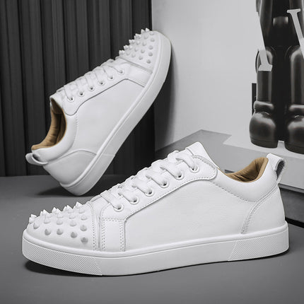 Autumn New Microfiber Leather Rivet Flat White Shoes Fashionable Personalized All-match Low-top Casual Sneakers Men's Shoes