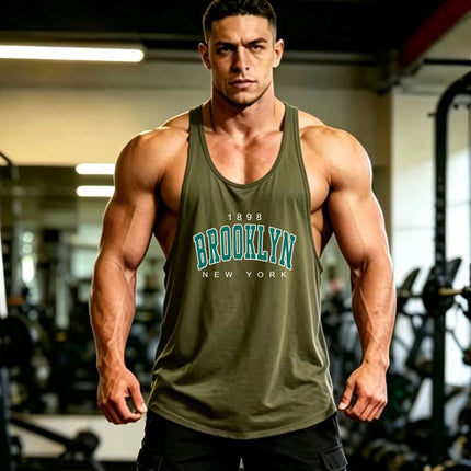 Summer Men's Vest Thin Strap Sports European and American Bodybuilding Fitness T-shirt Printed logo Waistle I-Shoulder Loose Men