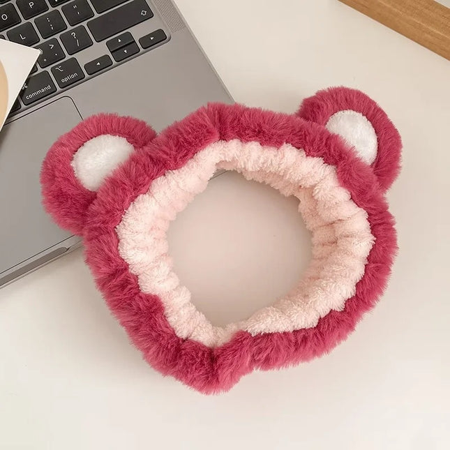 Strawberry Bear Plush Ear Headband for Washing Face, Hair Tie, Face Mask, Makeup, Bear Headband, Heart Bangs