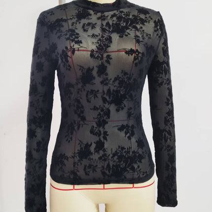Europe and the United States cross-border 2024 new single-layer mesh small collar flocking printing long sleeve base coat women's T-shirt