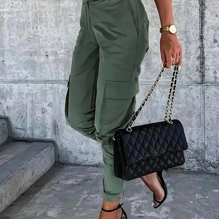 Women S High Waist Double Button Cargo Pants - Olive Green Polyester Machine Washable, All Season Casual Workwear