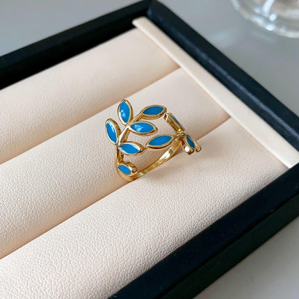 Pure Copper Oil Drop Fashion Niche Geometric Leaf Pattern Ring Adjustable Size Ring for Women Factory Direct Sale Wholesale