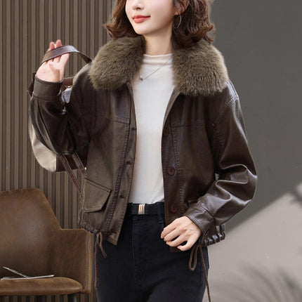 Fur Collar Leather Jacket Autumn and Winter fleece-lined Thickened 2024 Winter New Short PU Leather Motorcycle Jacket Top