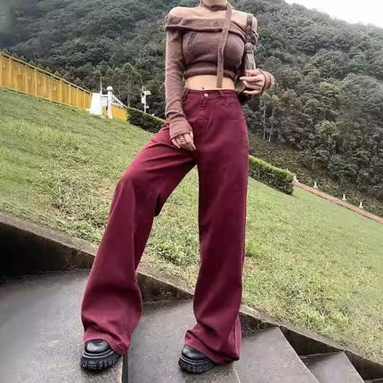 2025 Burgundy Wide-Leg Jeans for Women, Summer New Thin High-Waisted Loose Drape Denim Floor-Length Versatile Pants